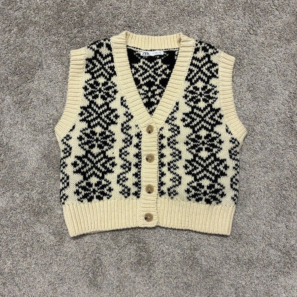 Zara Fair Isle Knit Sweater Vest Large Cream Black Geometric Preppy Boho Cottage